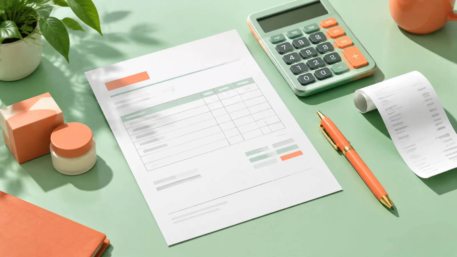 Invoice, calculator and trademark service quote on a desk